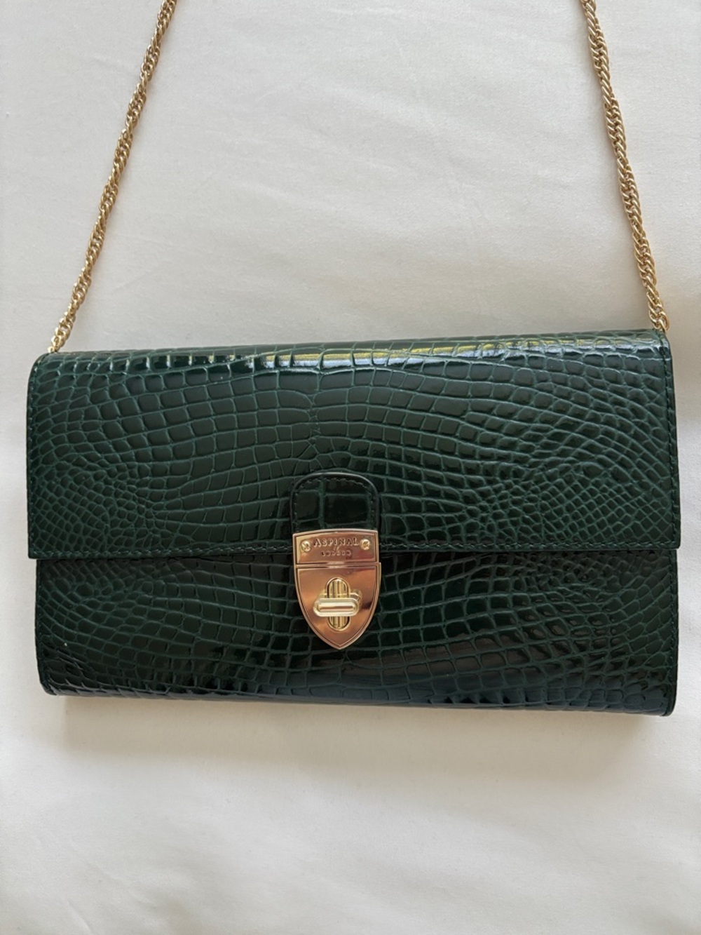Aspinal of London Dark Green Croc-Embossed Chain clutch Bag - Picture 3 of 12